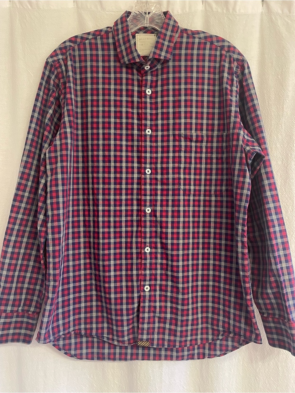 Billy Reid Red, Gray, and Blue Plaid Button-Down Shirt, size Medium